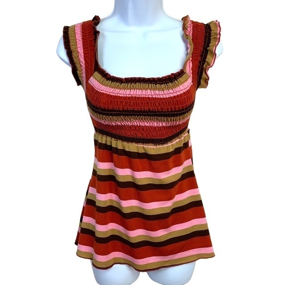 XS Y2k Era Vanity Striped Top Stretch Red Pink Ruffle 0 2 Vintage - Picture 1 of 7
